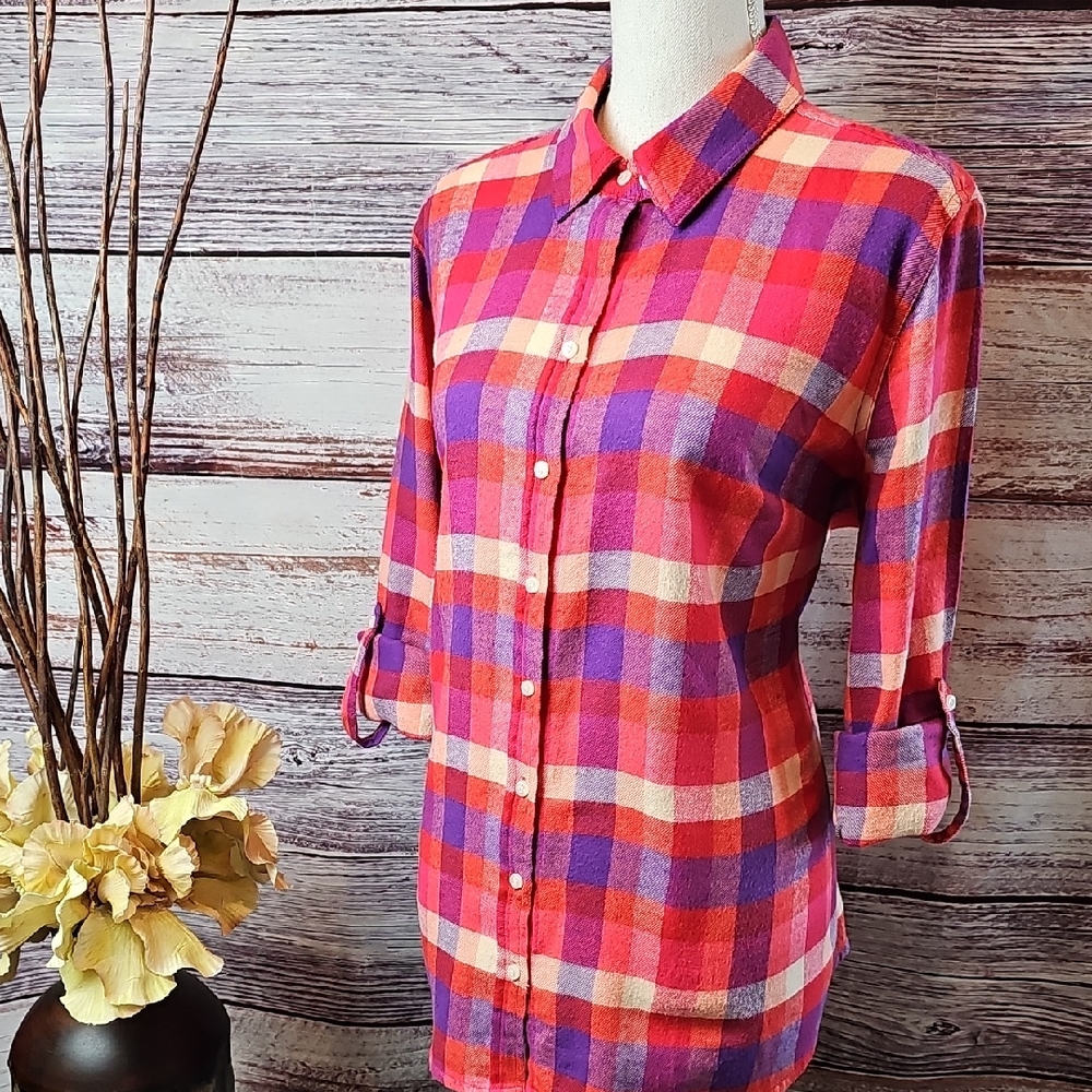 MERONA RED PLAID LONG ROLL-TAB SLEEVE BUTTON-UP SHIRT